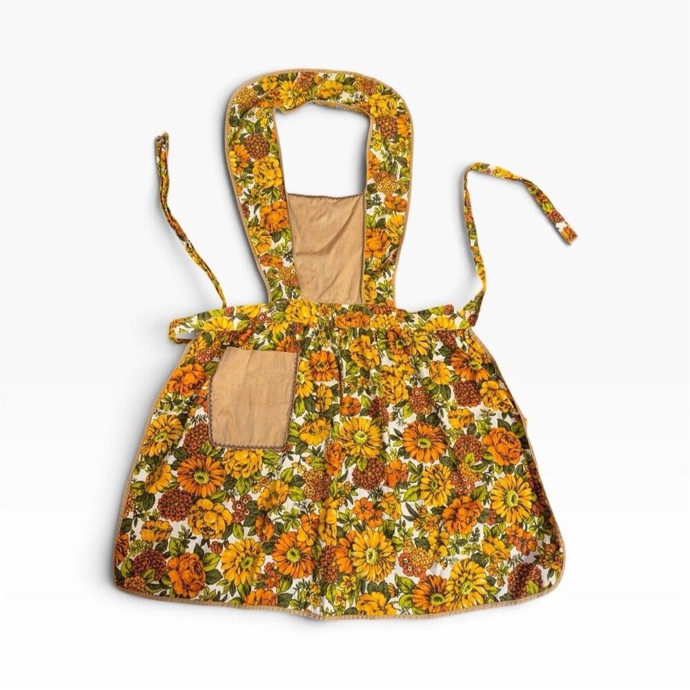 Vintage 1970s Floral Bib Apron Sunflower Flower Power Retro Mid Century Kitchen